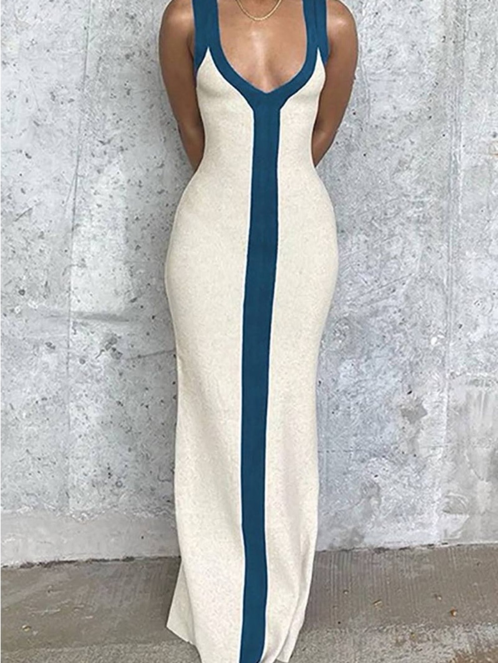 Sleeveless Cream Maxi Dress with Teal Center Stripe